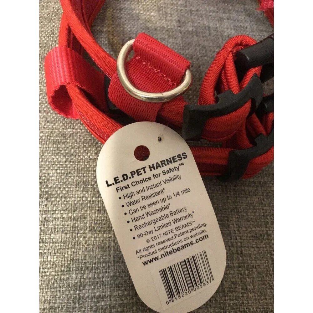 Nite Beams Red Padded Nylon Rechargeable LED Pet Harness Size Small 15